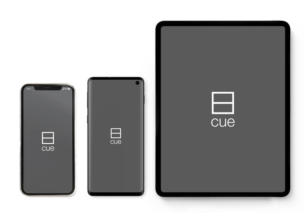 Two smart phones and a tablet displaying the Cue logo